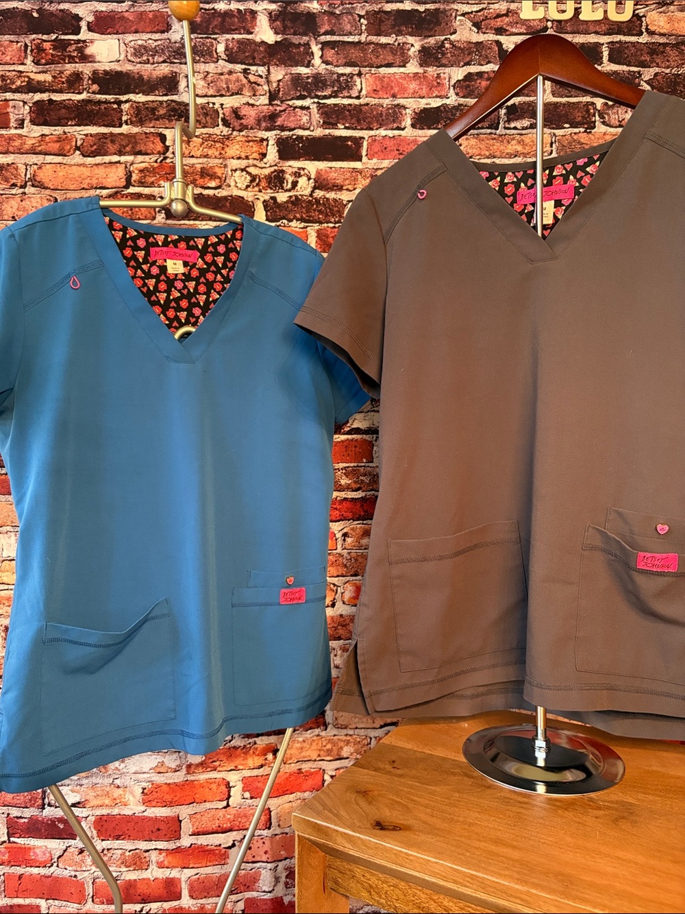Lot of 2 Betsey Johnson Women’s Short Sleeve Scrub Tops in Blue and Dark Gray M